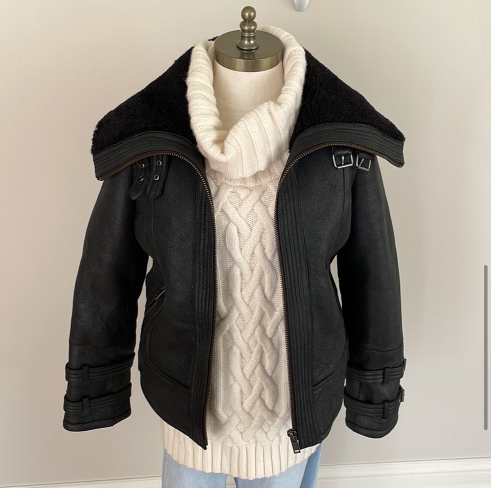 Banana Republic black leather shearling aviator jacket size small